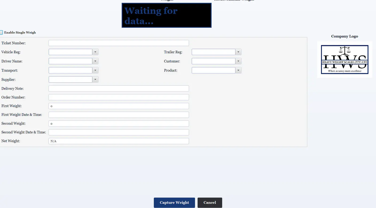 HWS Weigh new weighing screen with sample ticket details redacted